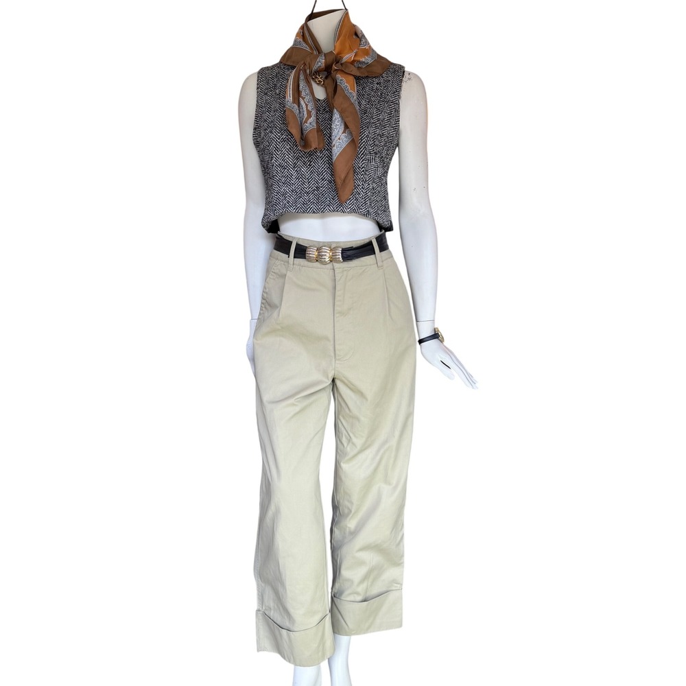 BDG Chino Trousers High Waist Pleated Wide Leg Cuffed Khaki Tan Preppy 90s Sz 4